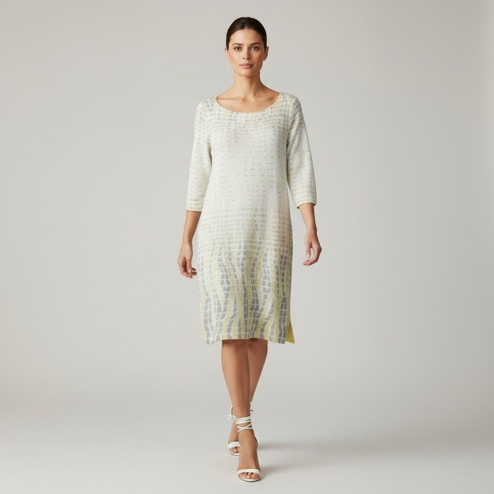 Ming Wang Cream and Soft Yellow Patterned Midi Dress